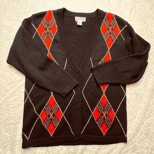 Alfred Dunner Womens Red and Gold V-Neck Wool Plaid Christmas Cardigan Medium